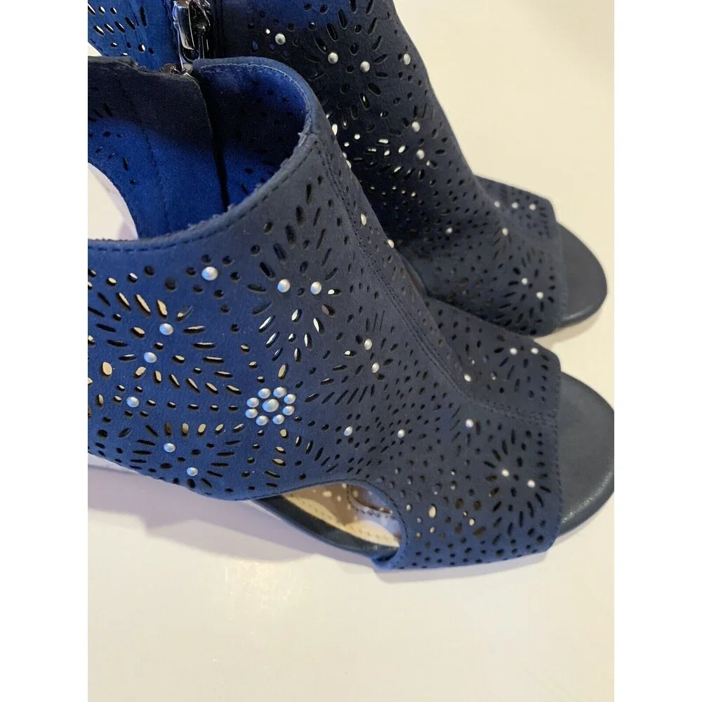 Alex Marie Women’s Sz 6.5 Leather  Cork Wedge Heels Sandals Shoes Navy *READ*